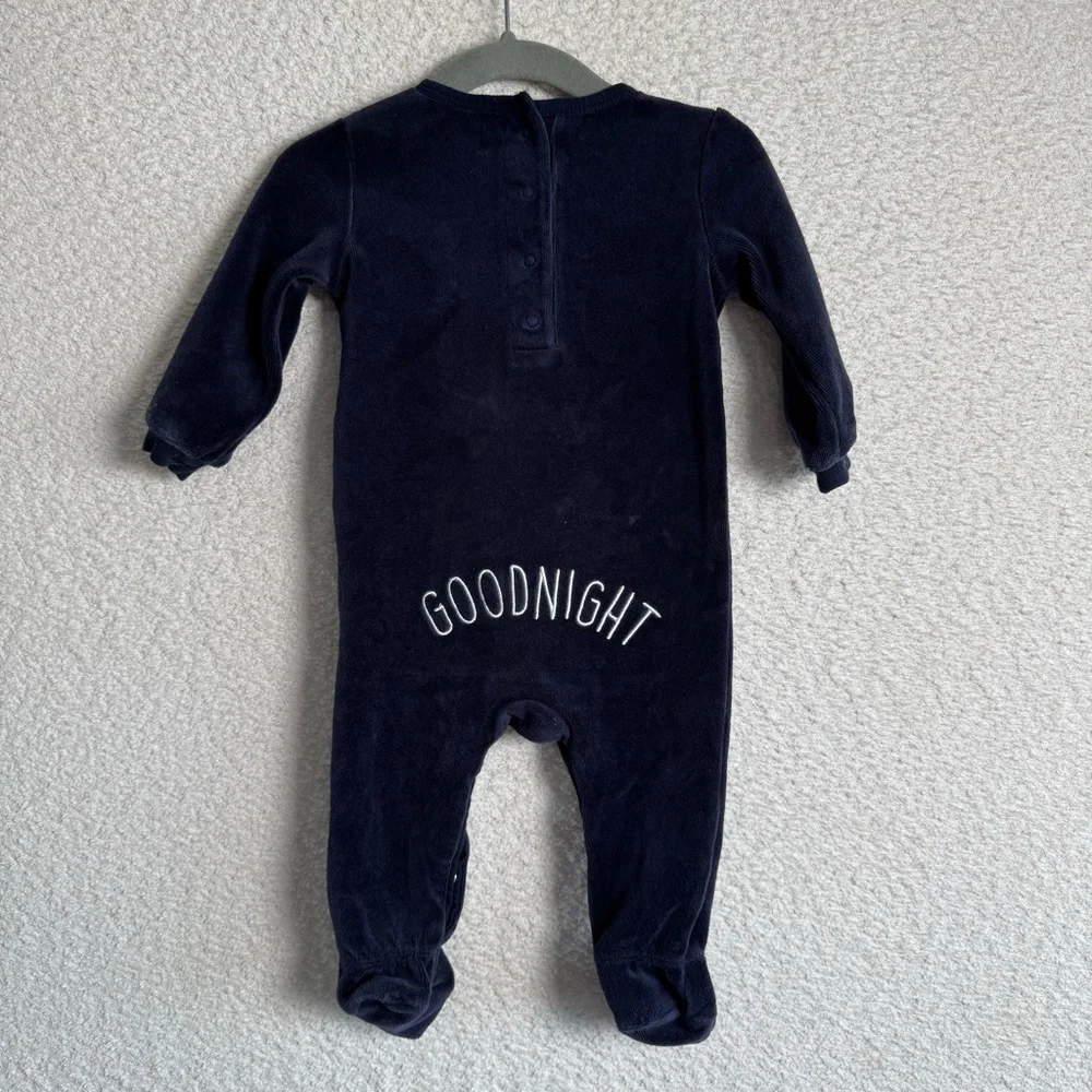 Petit Lem Baby Goodnight Embroidered Velour Navy Moon‎ Footed Sleeper 6 months